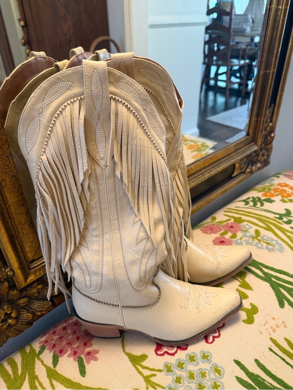 Vintage Ivory Fringe Western Mid-Calf Boots - Picture 2 of 8
